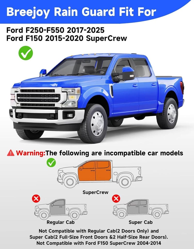 Breejoy in-Channel Window Rain Guard Fit for 2015-2020 Ford F150 SuperCrew & Ford F250-F550 2017-2025 Truck,Window Rain Guards Visors Vent Visors Window Deflector Vent Shades Car Accessories - Image 3